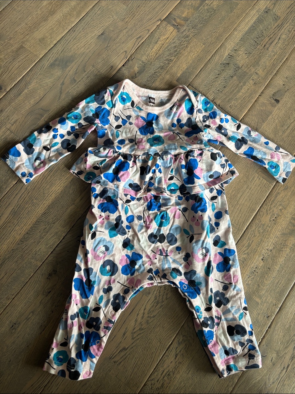 Tea Collection Floral Ruffle One-Piece in Blue & Pink